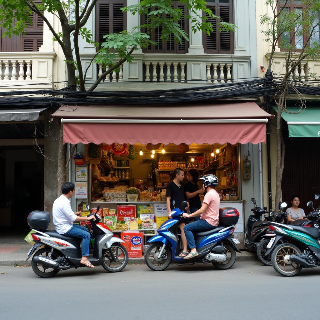 Cảnh sinh hoạt thường nhật với cửa hàng nhỏ và người dân trên Phố Đông Thiên.